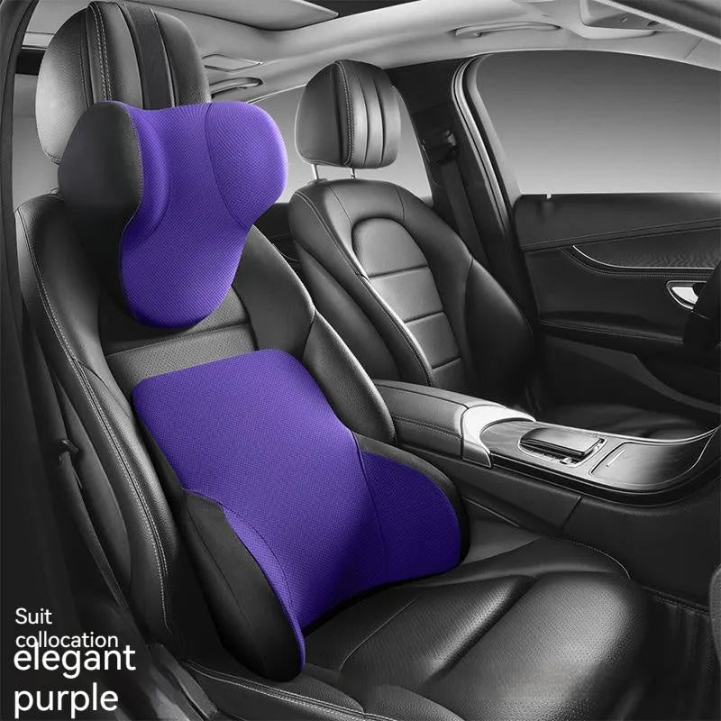 Black memory foam car headrest and lumbar support pillow set on a car seat