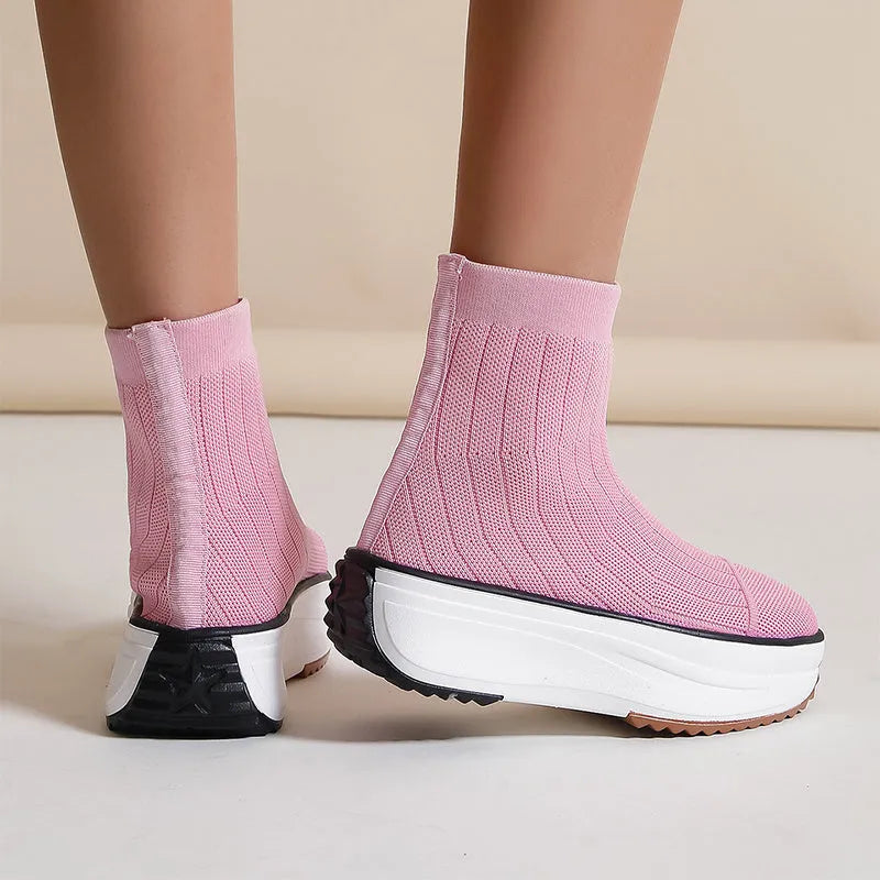 Women's knitted ankle boots in pink with thick sponge sole and flat heel, available in sizes 36-42