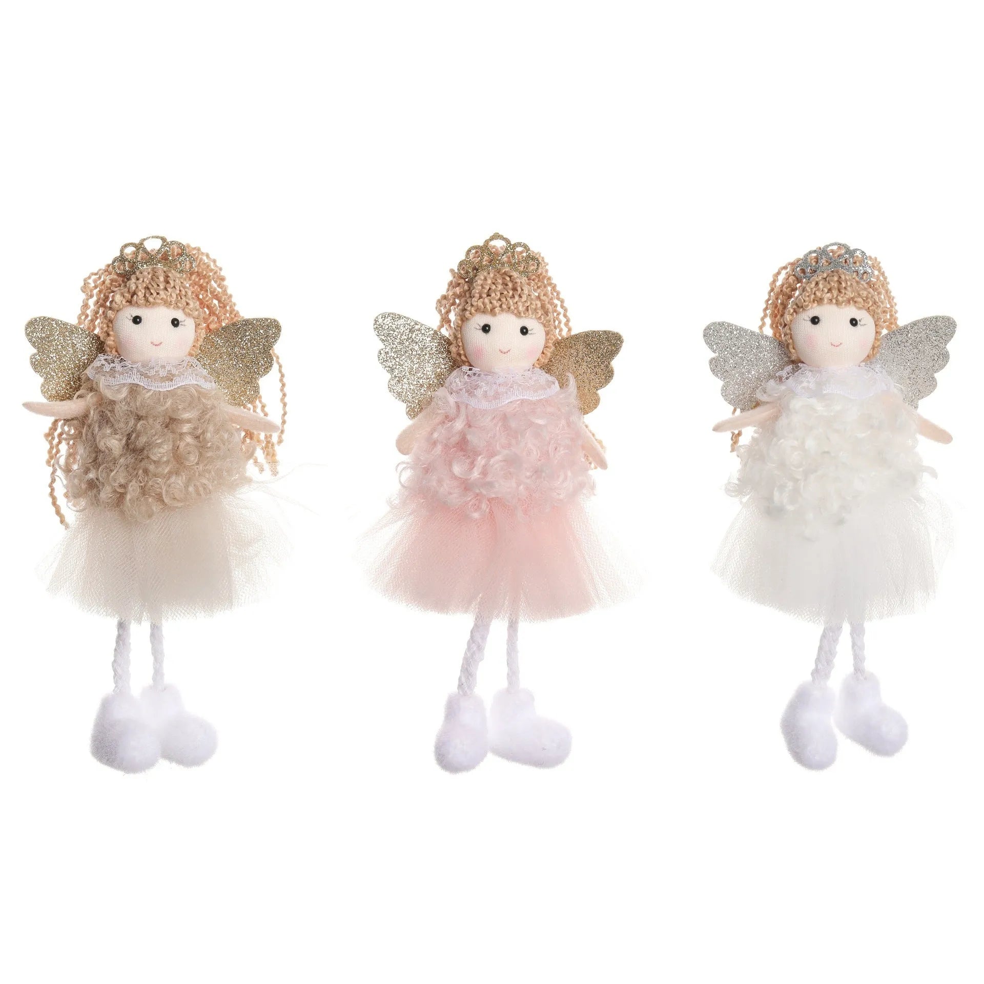 Cartoon angel girl cloth hair pendant with crown and high ponytail in white, pink, and khaki.