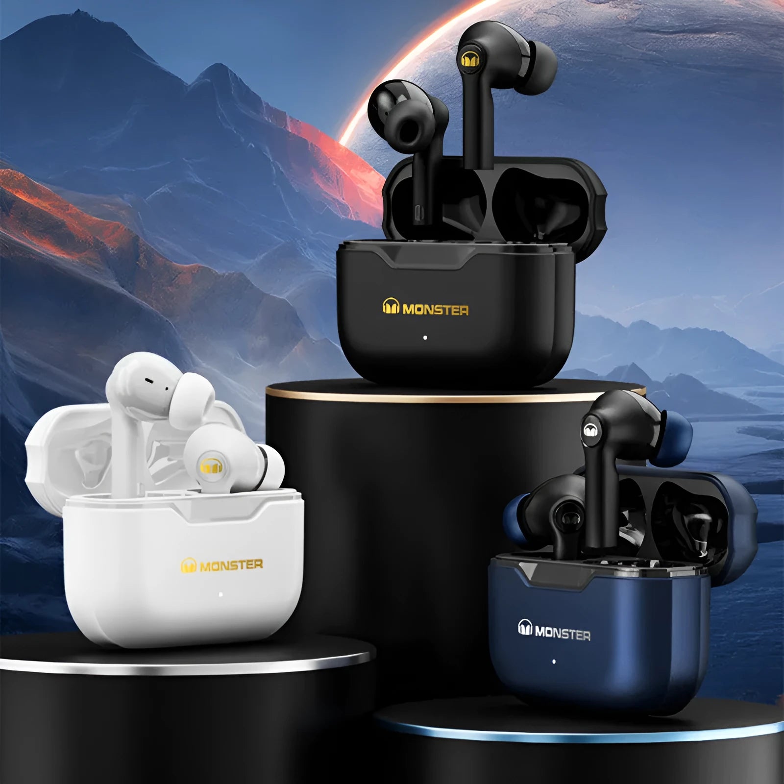 True wireless Bluetooth headset in black, white, or blue with in-ear design
