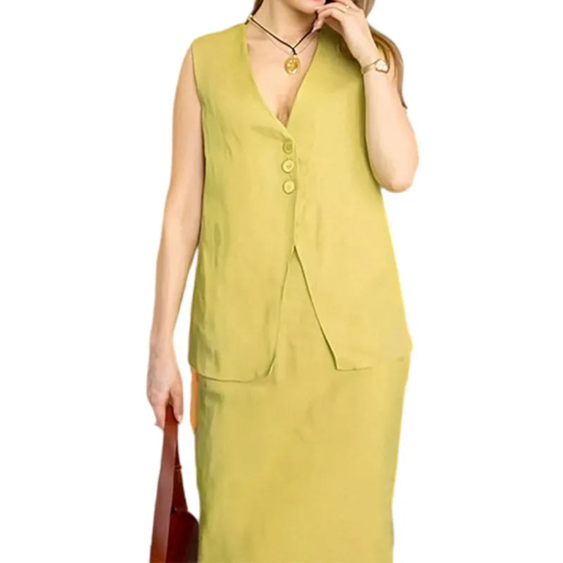Women's blue casual two-piece suit with sleeveless vest and long skirt on a hanger.