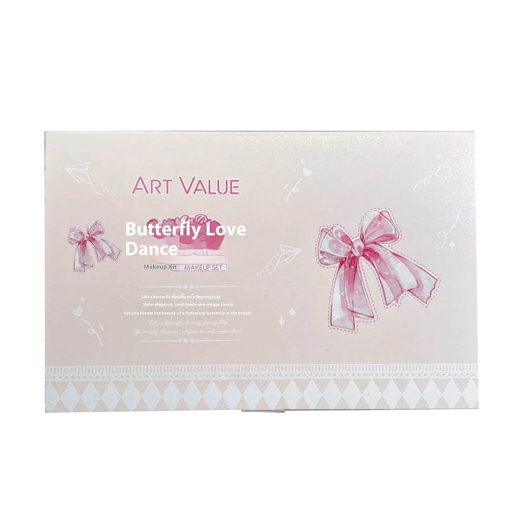 Butterfly Box makeup set with four matte lip muds, powder blusher compact, and necklace.