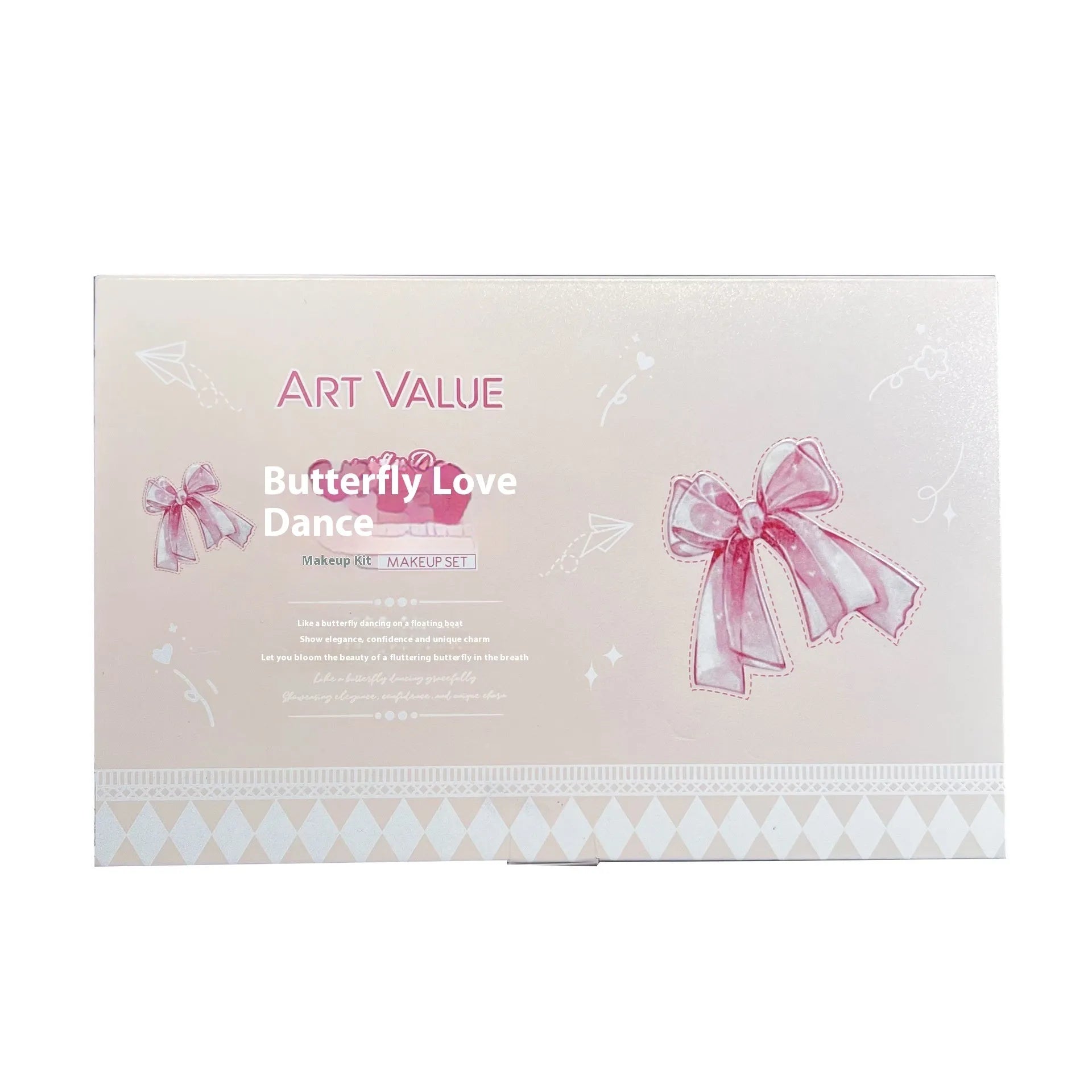 Butterfly Box makeup set with four matte lip muds, powder blusher compact, and necklace.
