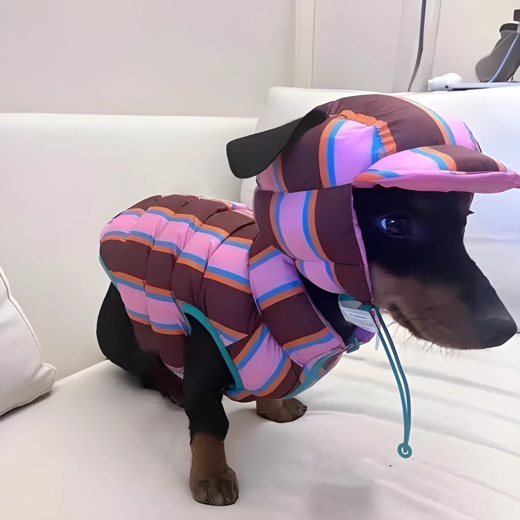 Dirty pink striped polyester dog vest with a matching hat for autumn and winter wear.