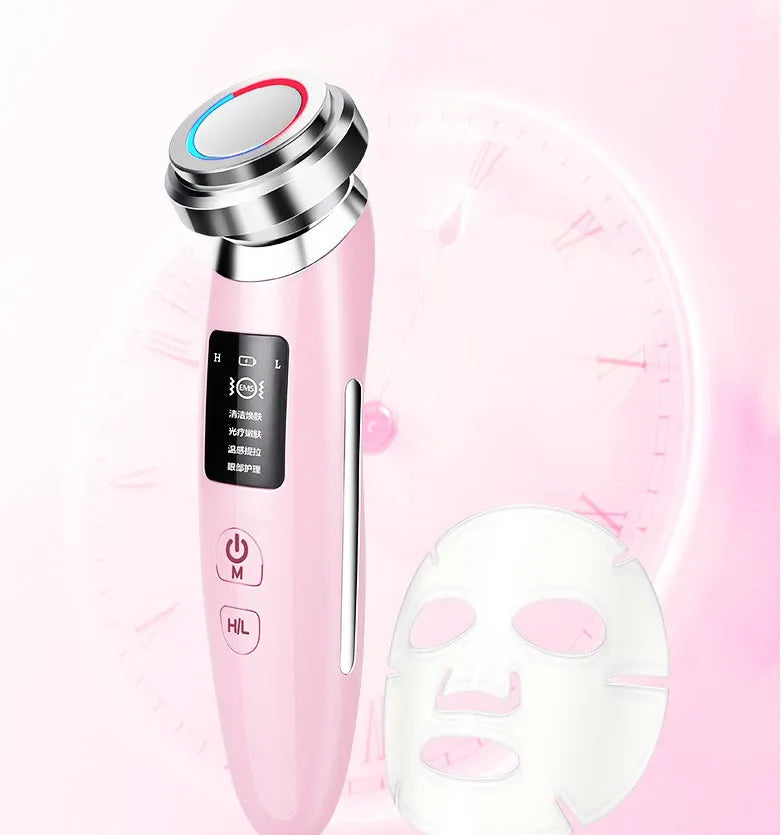 Pink portable skin rejuvenation and facial cleansing beauty instrument showing its compact size.