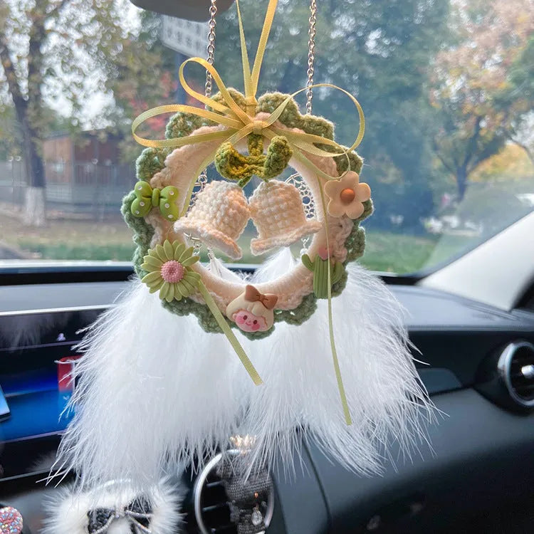 Handmade woven wool bell orchid car pendant hanging decoration in green, with optional dream catcher charm.