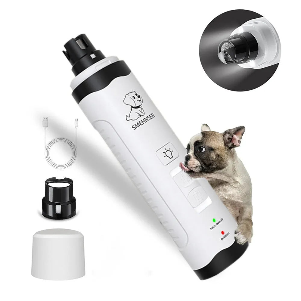 Electric dog nail grinder with LED display showing speed settings and dust collection compartment.