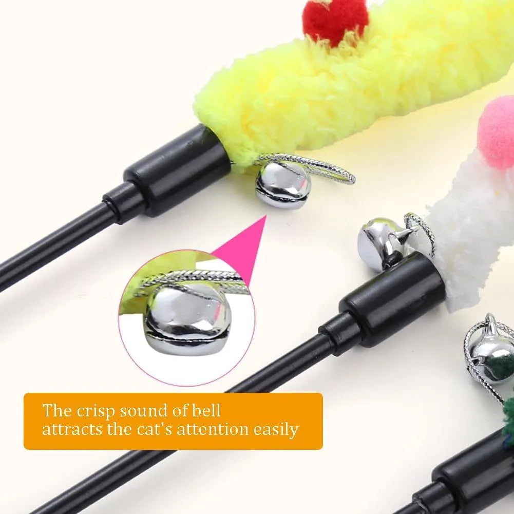 Cat wand toy with long plush strip and colourful ball featuring bells for interactive indoor play