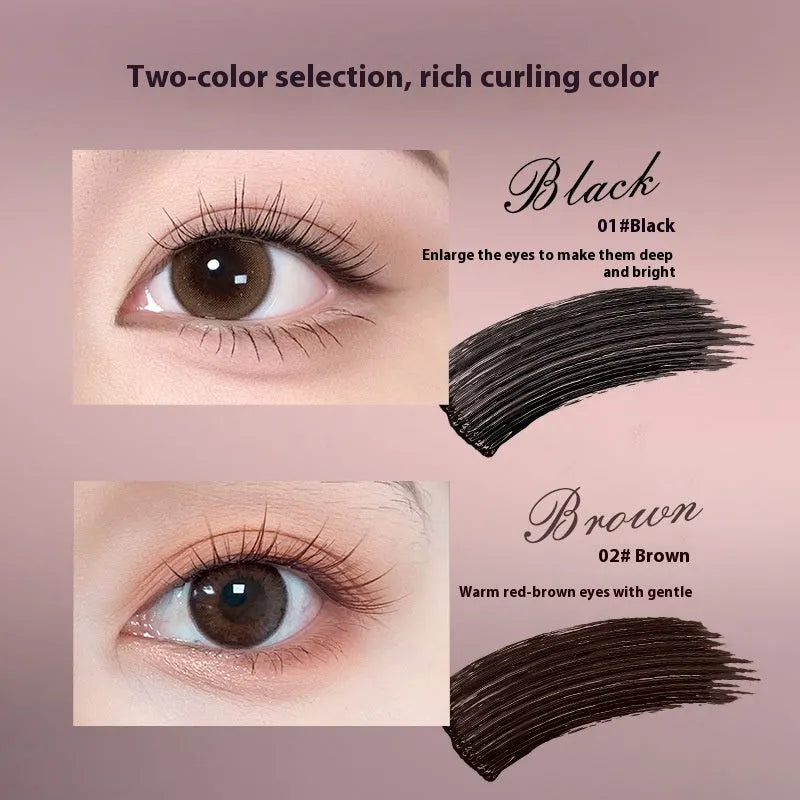 Long curling mascara with curved brush applicator in black and brown colour options
