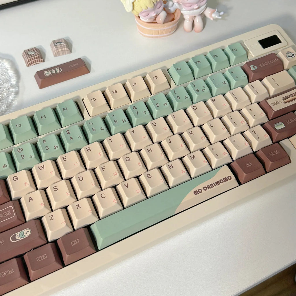 Matcha green ergonomic mechanical keyboard keycap set with five-sided sublimation printing.