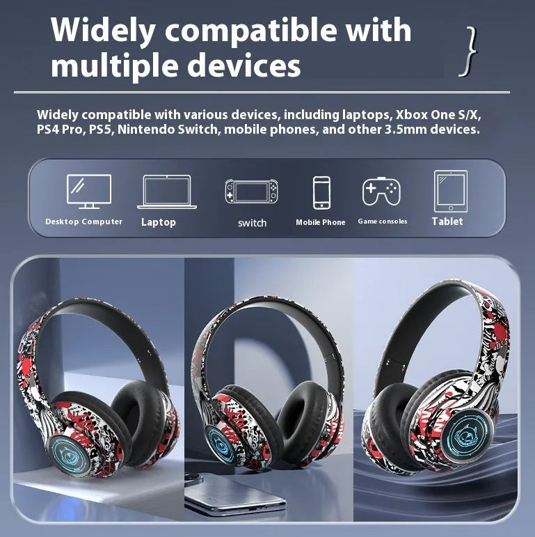 Folding Bluetooth gaming headset in black with graffiti design, featuring on-ear cushions and a breathing light