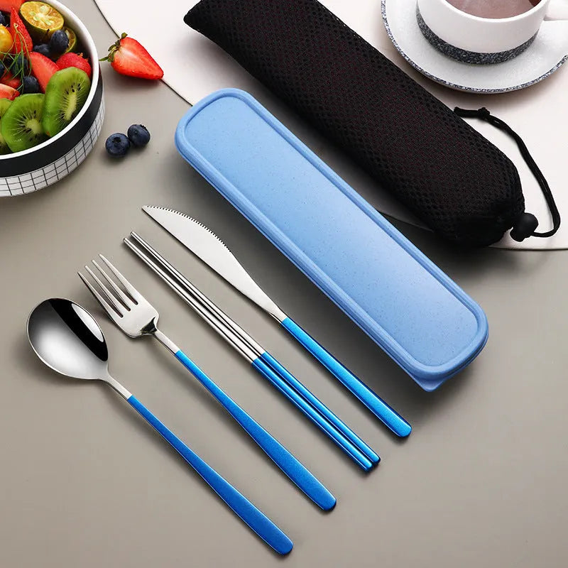 304 stainless steel portable cutlery set with gold knife fork spoon and mesh bag