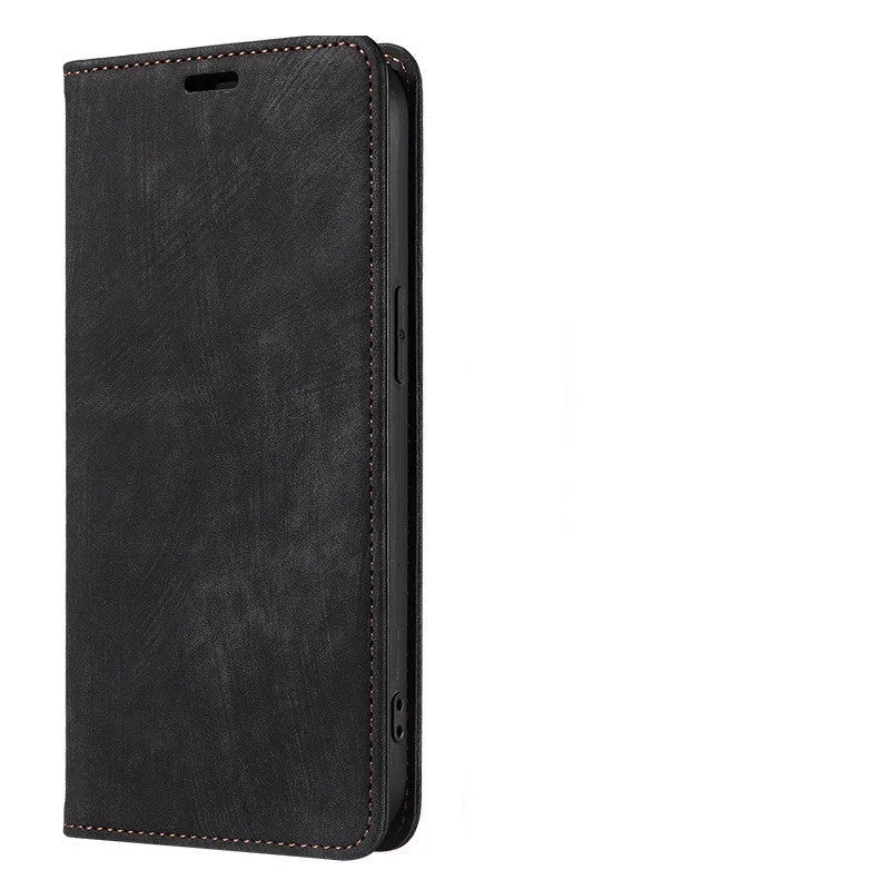 Magnetic flip phone case for iPhone in black, showing closed front cover with leather finish.