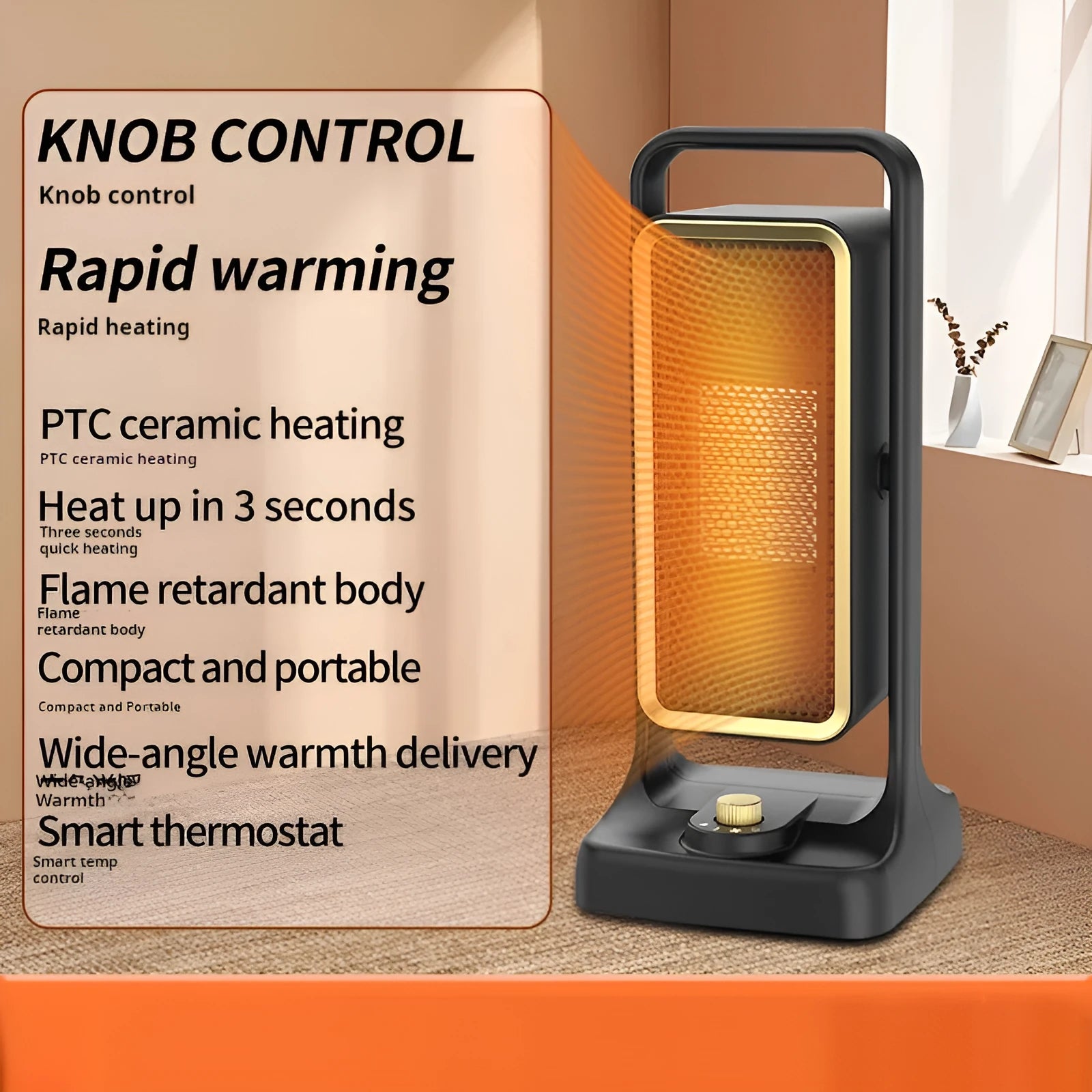 Black portable PTC ceramic desktop fan heater on a wooden desk.