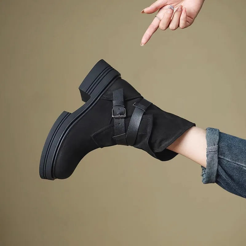 Brown retro British style women's ankle boots with mid-heel platform, buckle closure, round toe, and rubber sole