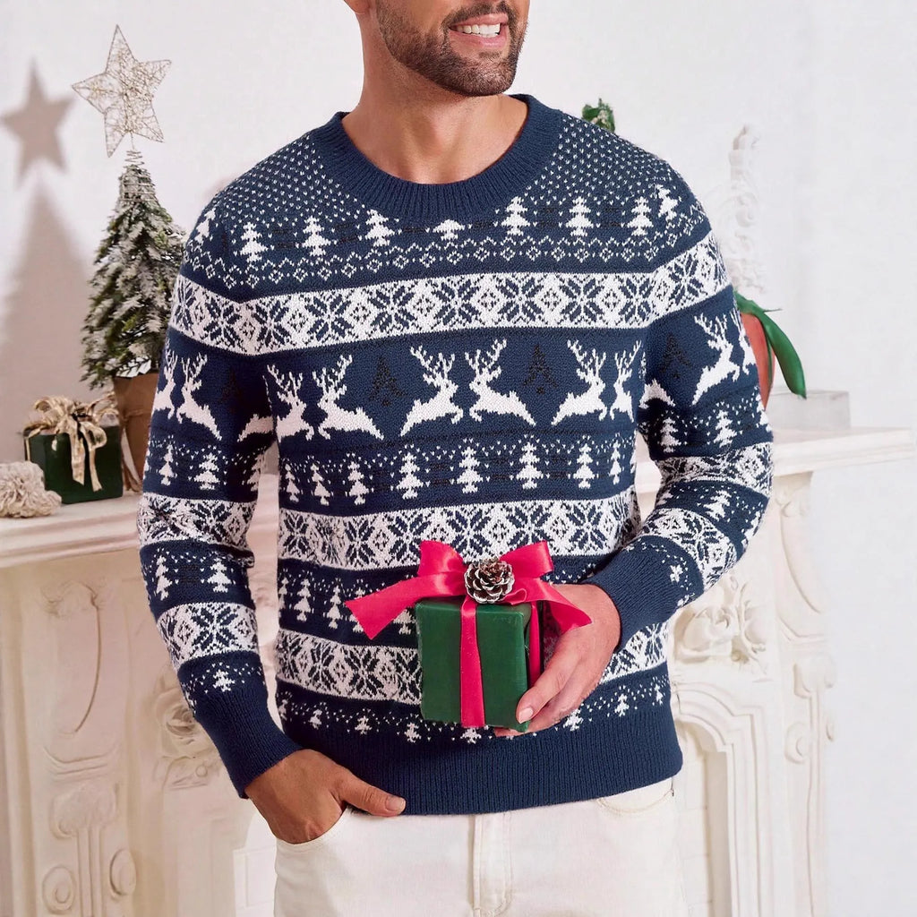 Men's Christmas jumper in red or navy blue, round neck, long sleeve, loose jacquard knit, sizes S to XXL.