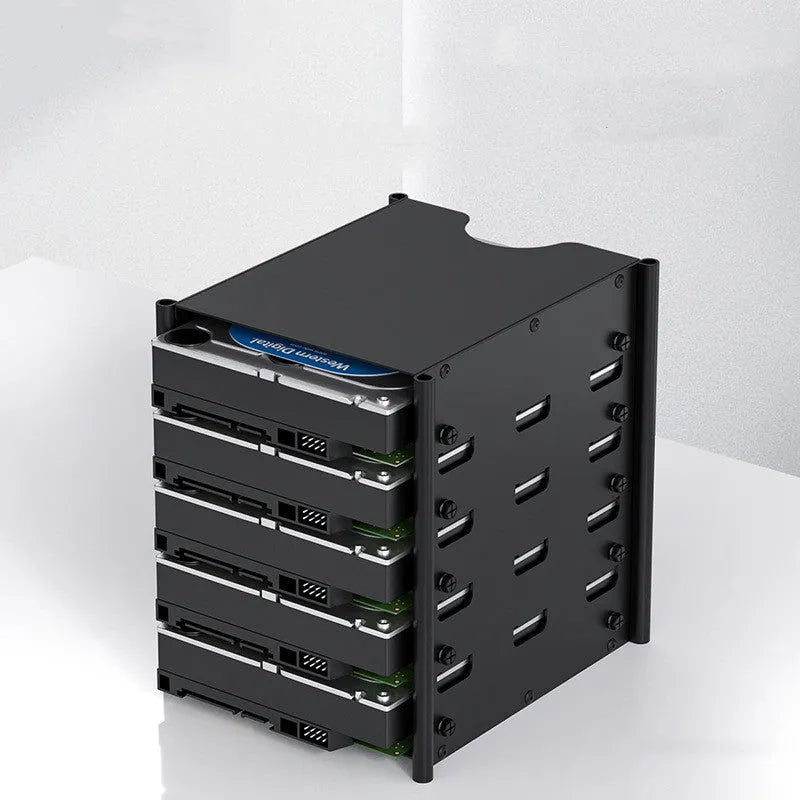 Black metal 5-layer 3.5-inch hard drive storage bracket measuring 145x140x115mm with screwdriver and screw pack