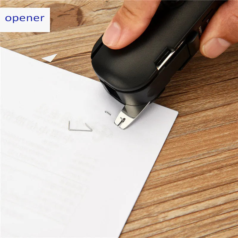 KOONSLED multifunctional mini stapler in black with built-in staple remover on desk