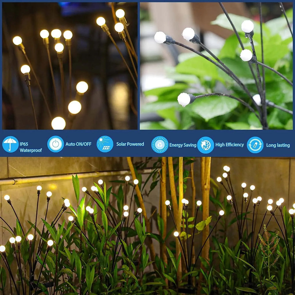 Solar-powered LED garden ground light with stainless steel spike, lit up in a lawn at dusk.