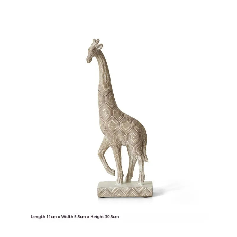 Wood-colour European-style resin giraffe decorative ornament on a shelf.