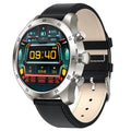 Black steel smart watch for Apple iOS with Bluetooth calling and health monitoring on wrist.