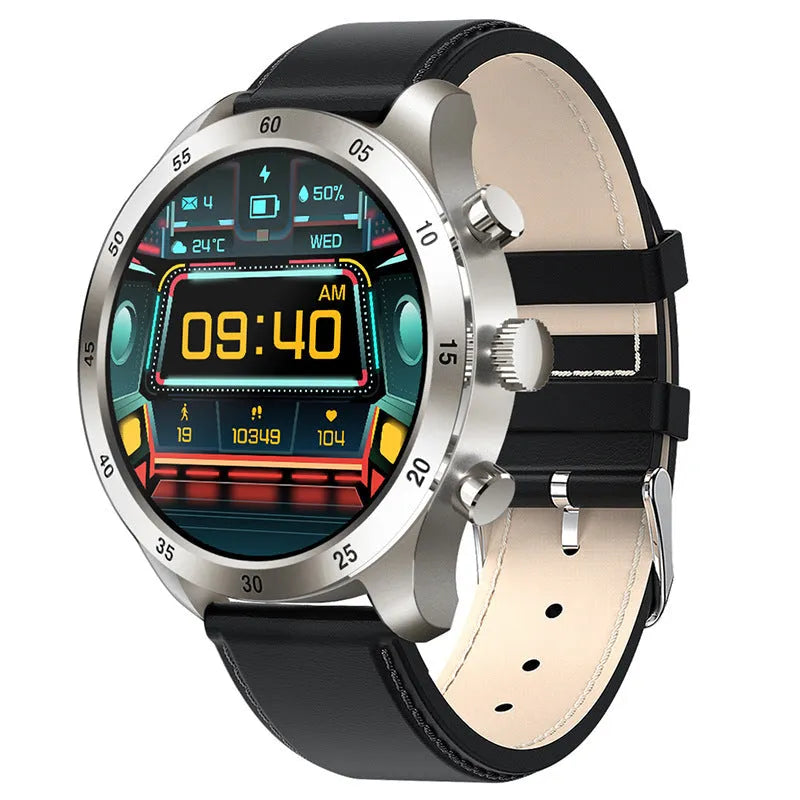 Black steel smart watch for Apple iOS with Bluetooth calling and health monitoring on wrist.