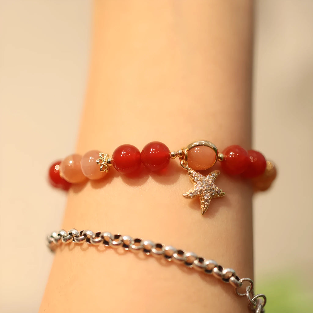 Handmade red agate and Sands Orange Sunstone ethnic bracelet for women with 8mm beads and star design.