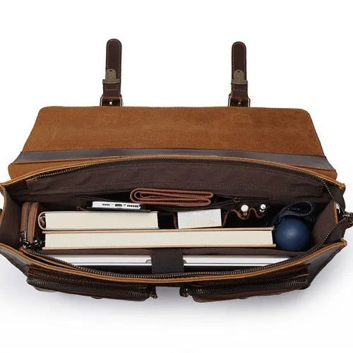 Top cowhide leather computer bag in dark brown with crossbody strap and sewing line detailing