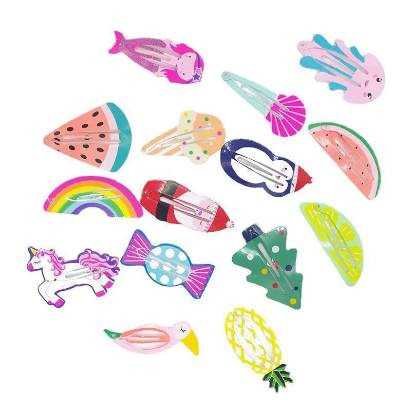 Children's metal hair barrette clip with colourful baked varnish strawberry print design.