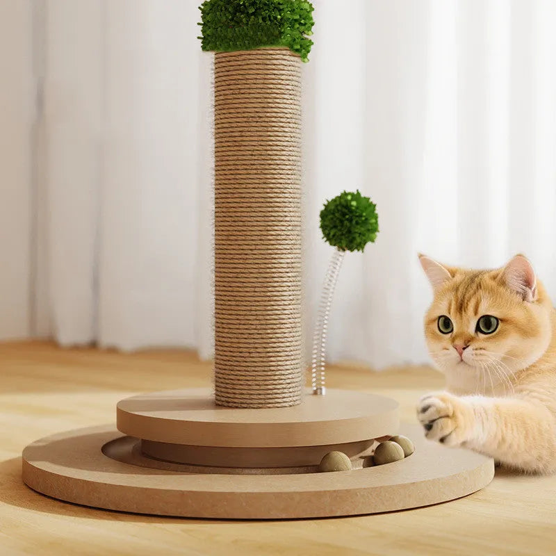 Vertical cat scratching post with natural hemp rope column and square wooden perch in Canna finish.