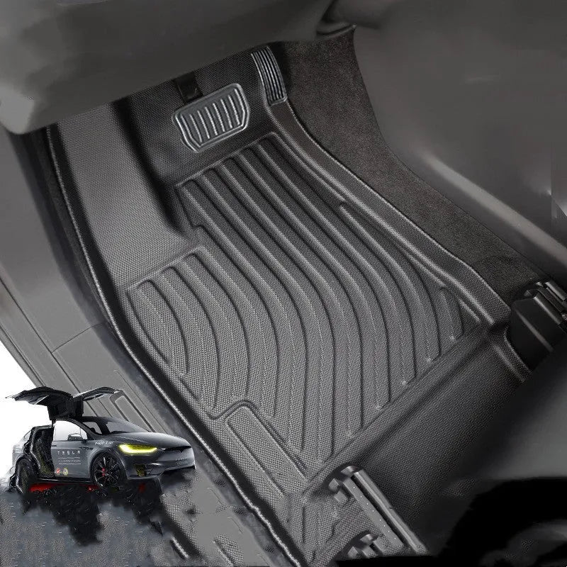 Tesla Model X waterproof TPE rubber car floor mats and tailbox cushion set for left-hand drive vehicles.