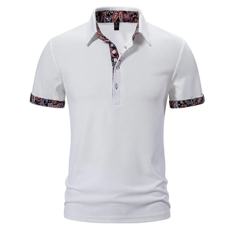 Men's navy blue cotton blend polo shirt with a turnover collar and short sleeves on a hanger.