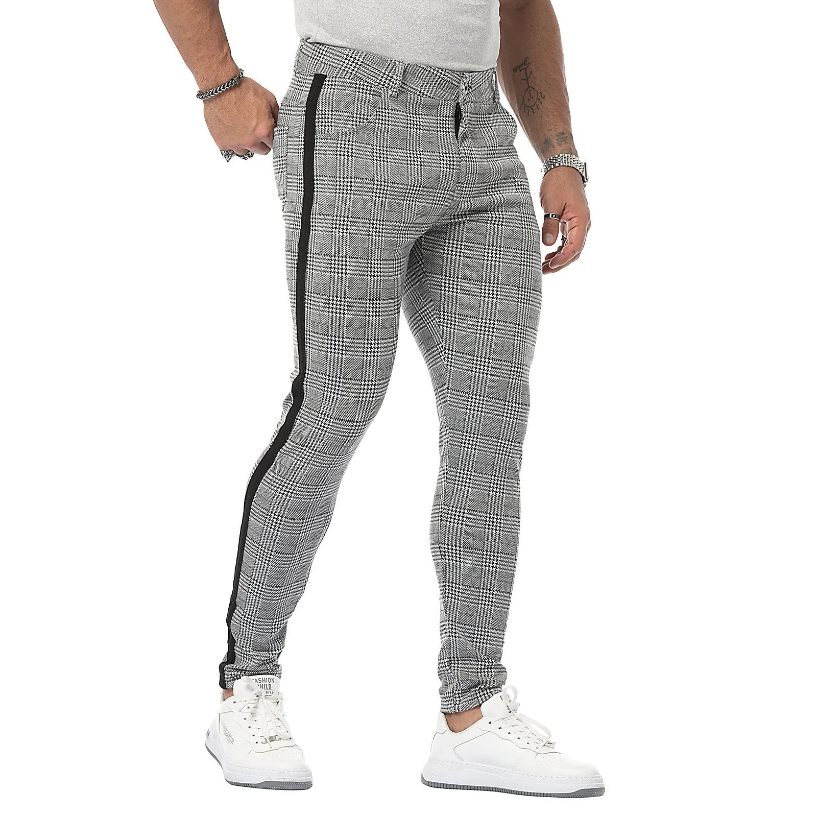 Men's high elasticity polyester plaid casual trousers in black border colourway