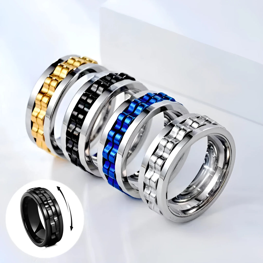 Titanium spinner square texture ring with rotating gear, high polished finish, black colour on finger