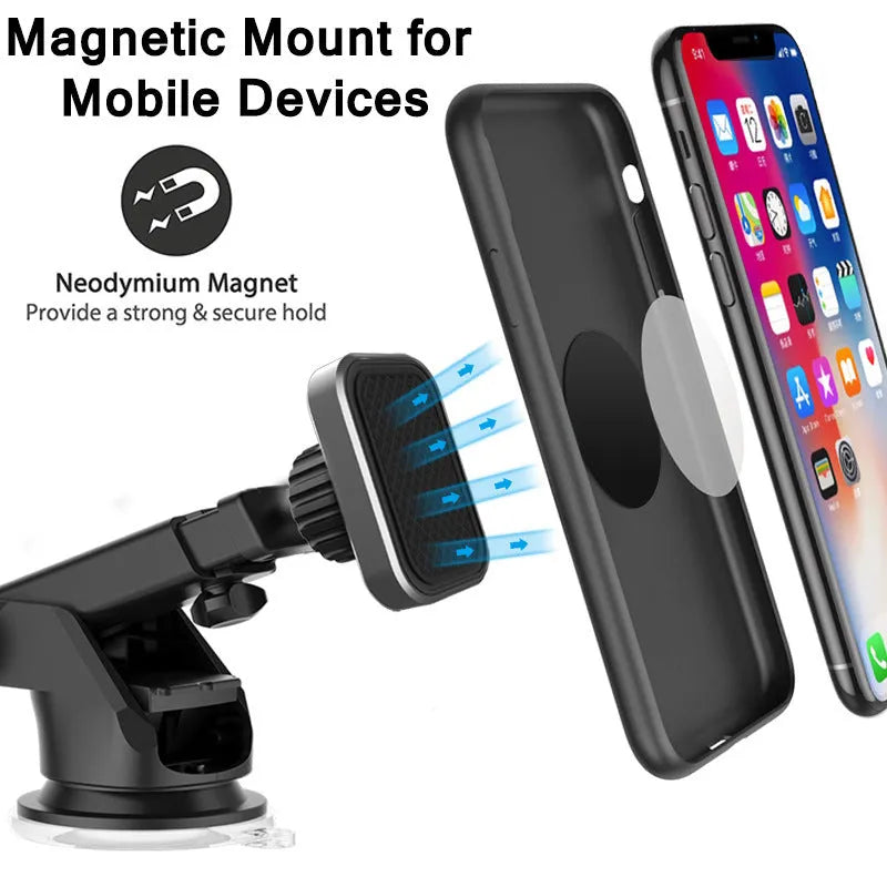 Magnetic suction car phone bracket in grey ABS PVC material on car dashboard