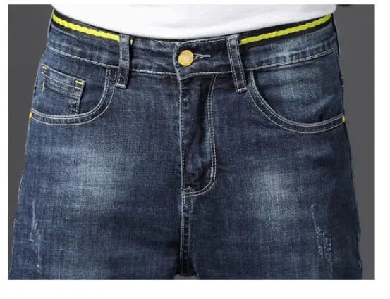 Nine Cent stretch and trim men's jeans straight leg Korean style cotton trousers in blue with washed grinding white finish