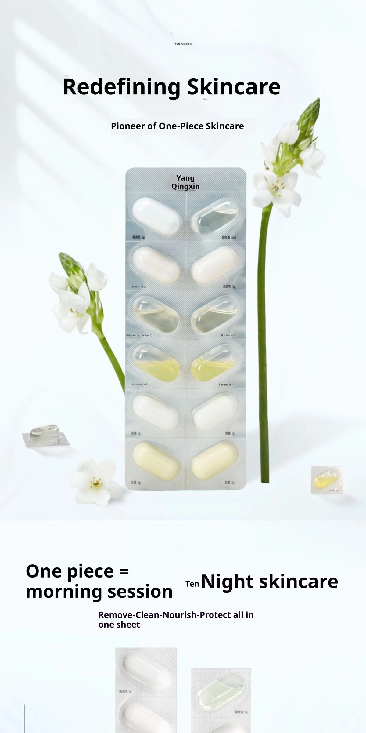 Disposable water emulsion sample travel set with 7 piece trial pack and essential oil for all skin types