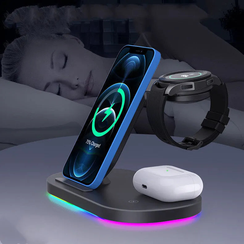 White three-in-one wireless charging stand holding an iPhone, an Apple Watch, and AirPods case.