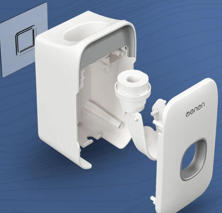 Blue automatic toothpaste dispenser mounted on a bathroom wall with motion sensor.