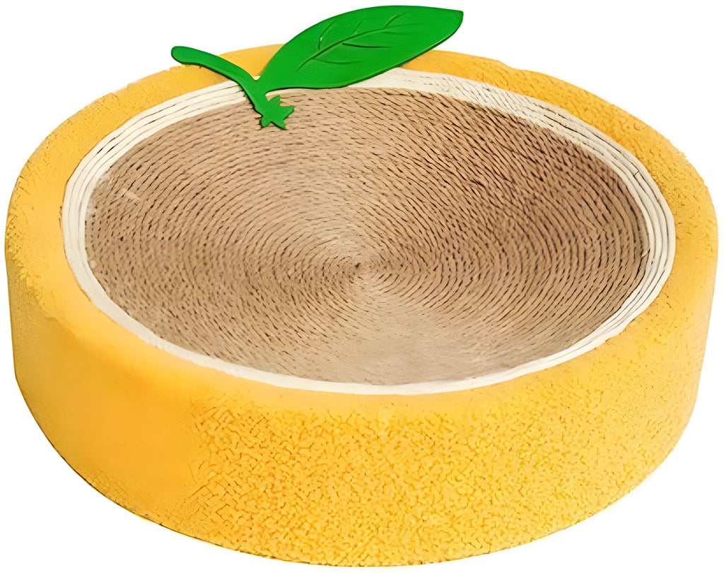 A round yellow fruit-themed cat scratching board and bed made from sisal material.