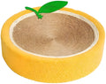 A round yellow fruit-themed cat scratching board and bed made from sisal material.