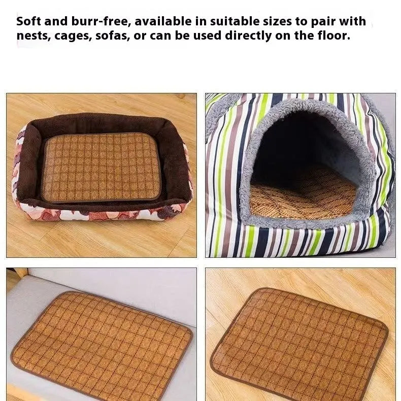 Brown woven rattan cooling mat for dogs on a floor, showing texture and size options.