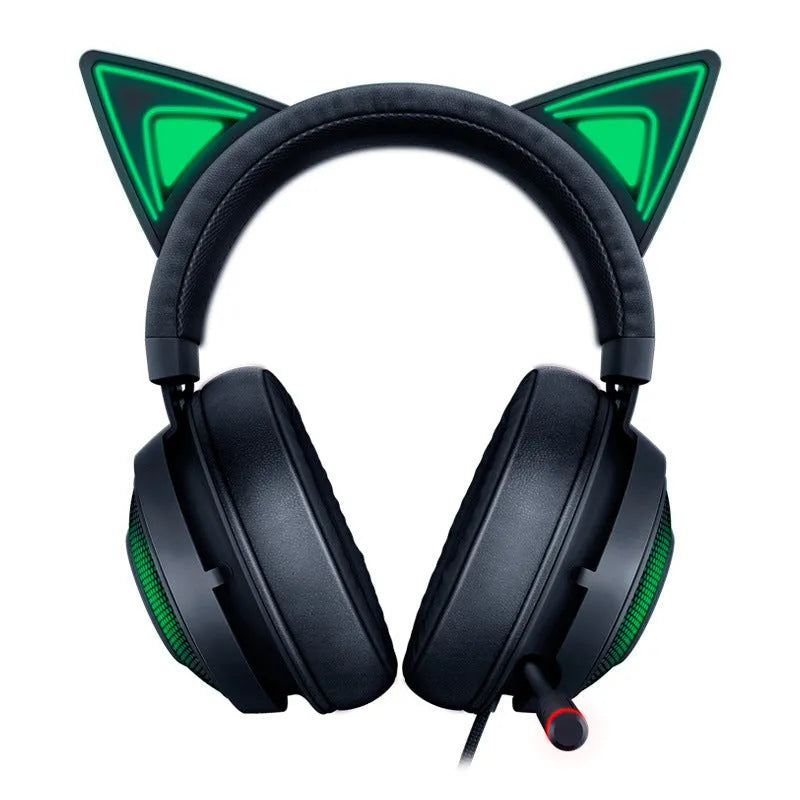 Pink glowing cat earphones wired USB headphones with LED cat ear lights on a plain background