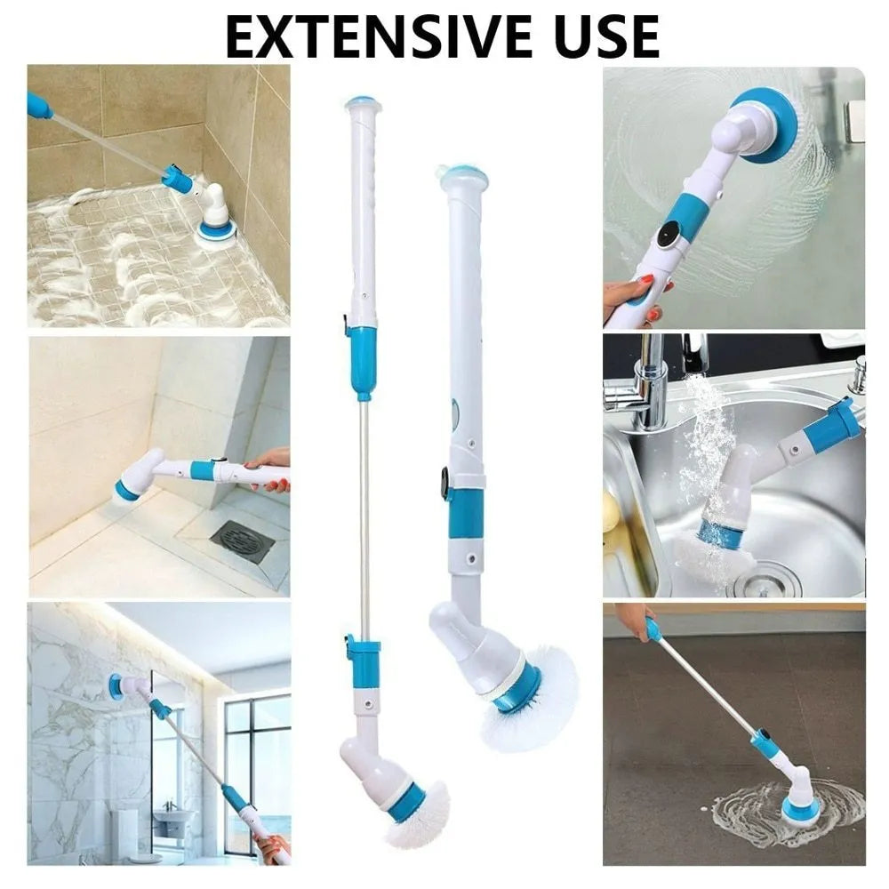 Blue rechargeable electric cleaning brush with retractable handle, three brush heads, and cordless spin scrubber design