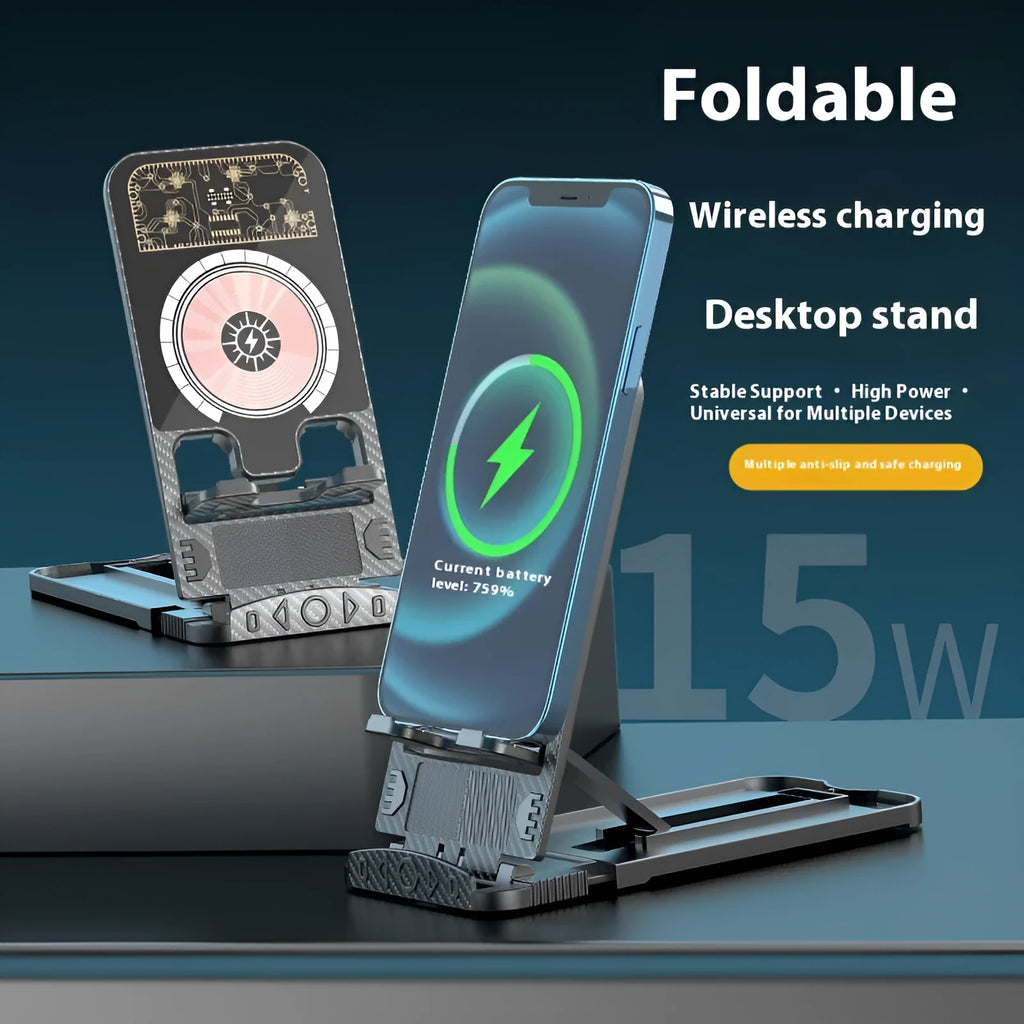 2-in-1 foldable wireless phone charger in black with Type-C input, measuring 143x143x69mm, designed for multiple device compatibilities.