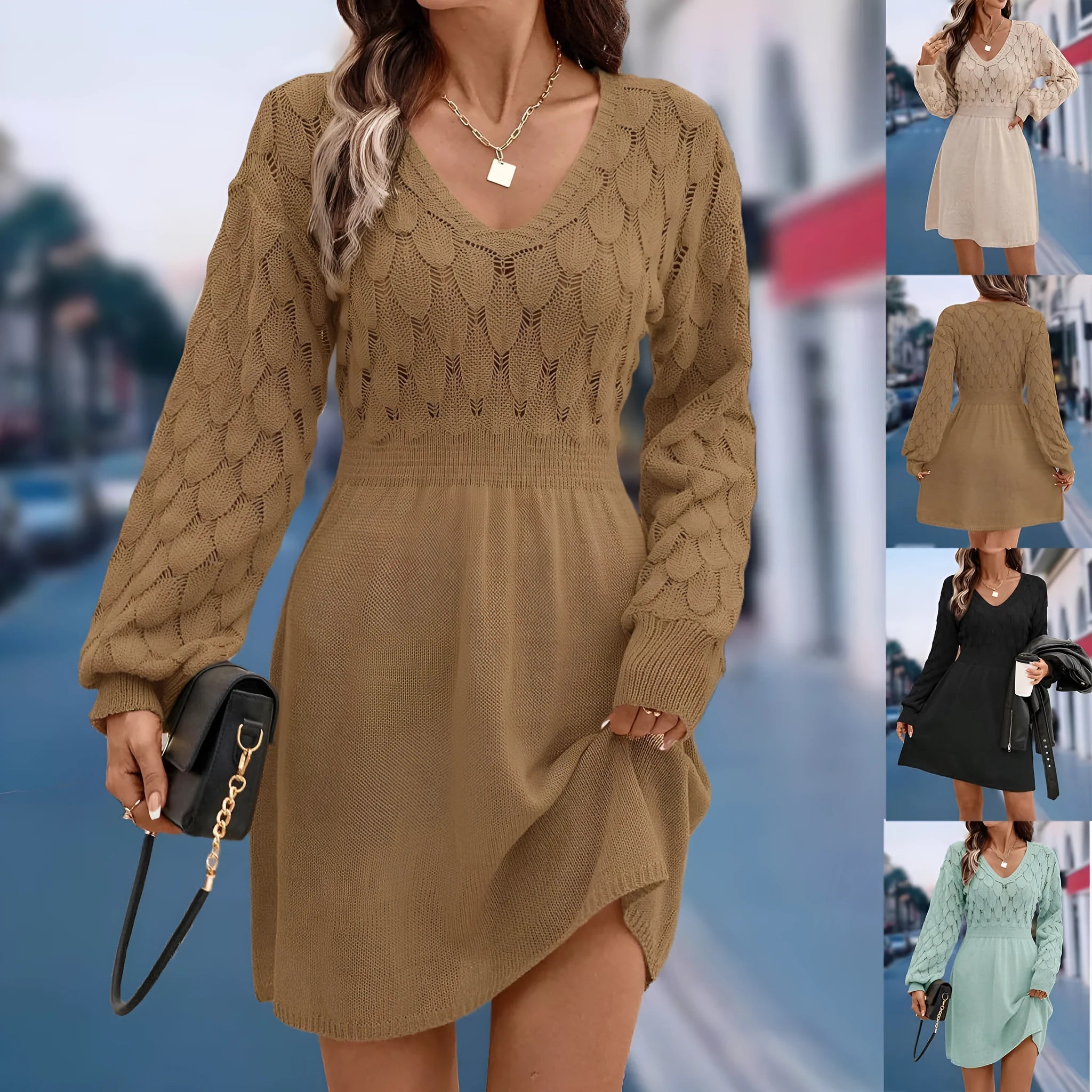 Retro ethnic style V-neck long sleeve dress in acrylic fabric on a hanger.