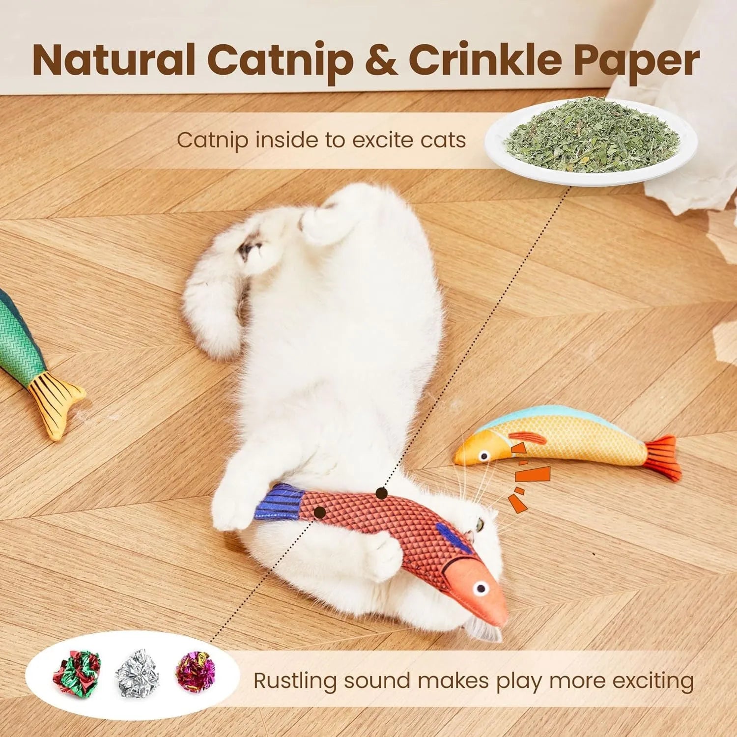 Plush fish-shaped cat kicker toy with organic catnip filling in green, orange and yellow colours