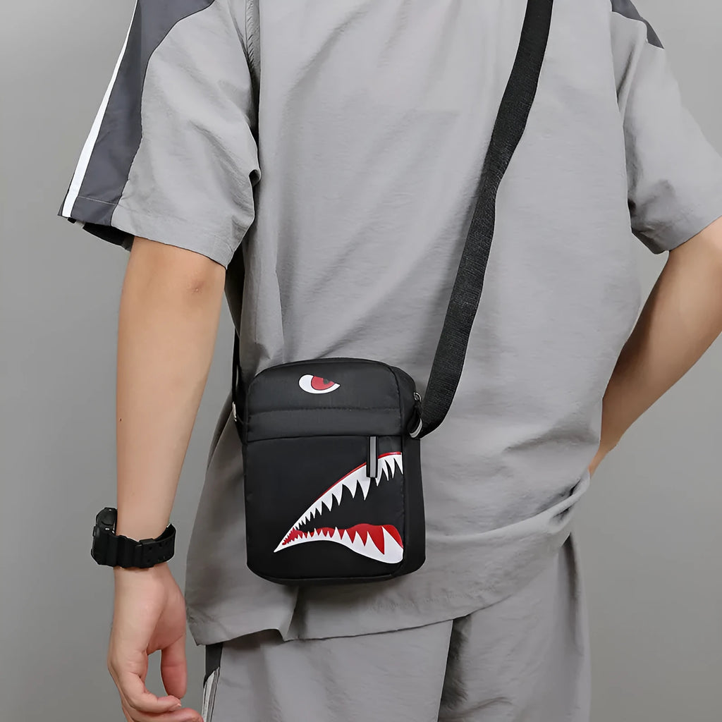 Men's small Oxford cloth crossbody bag with animal print pattern in black, grey or green colours