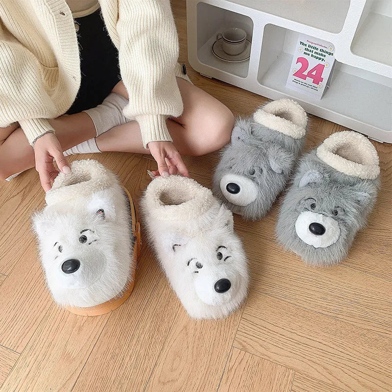 Grey and white cotton ankle wrap slippers with plush upper and non-slip sole