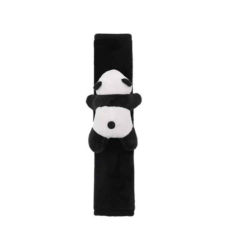 Plush black panda design steering wheel cover and matching shoulder pad set for cars.